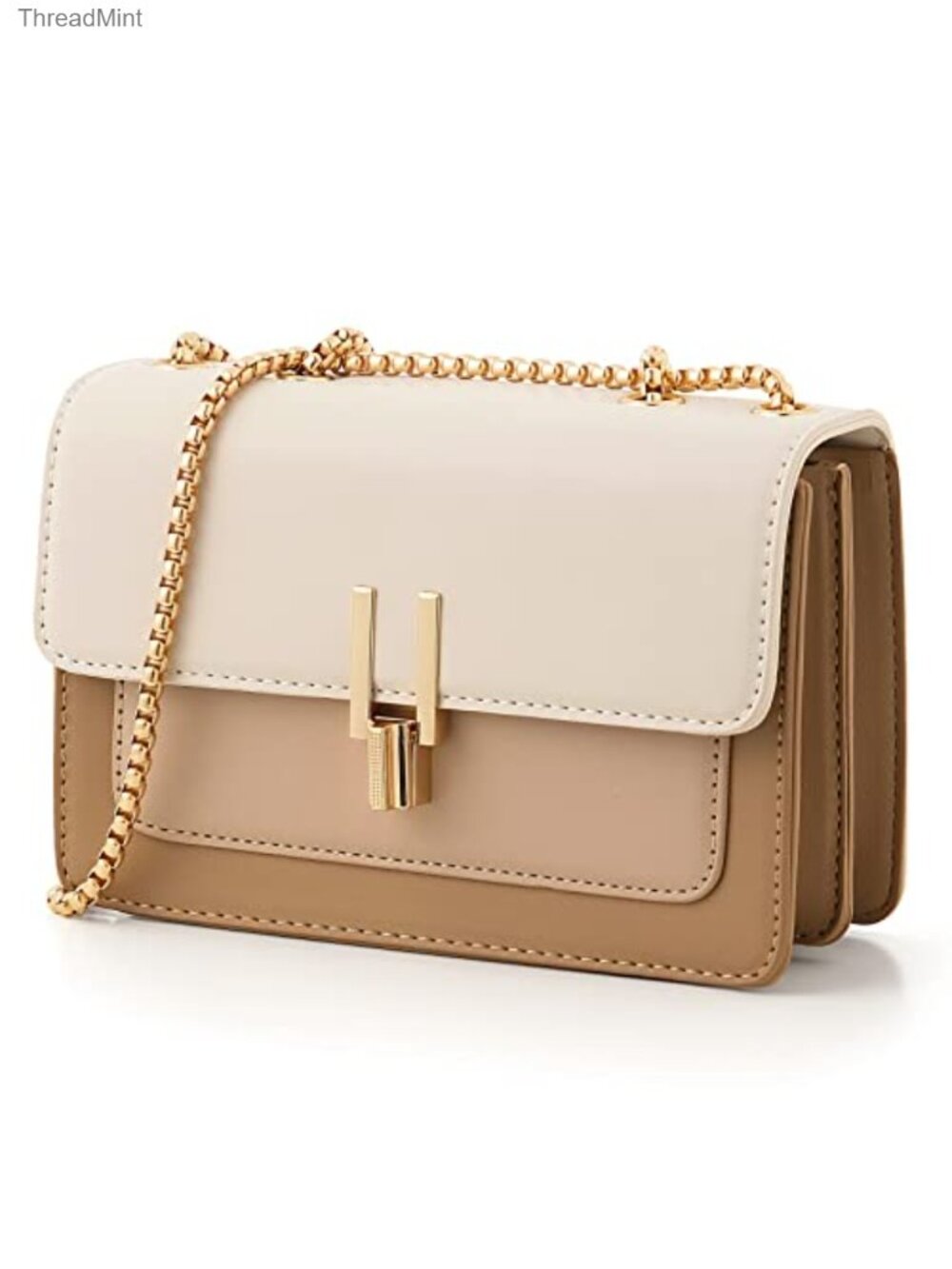 Women's Faux Leather Color-Block Crossbody Bag with Turn Lock Closure & Chain